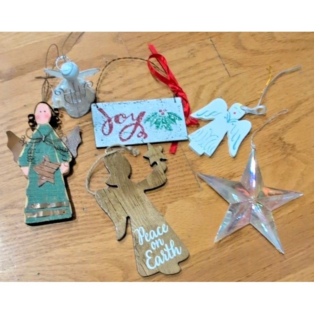 Lot of 6 Vtg Christmas Tree Ornaments‎ Wood Angel Joy Star Decor Holiday